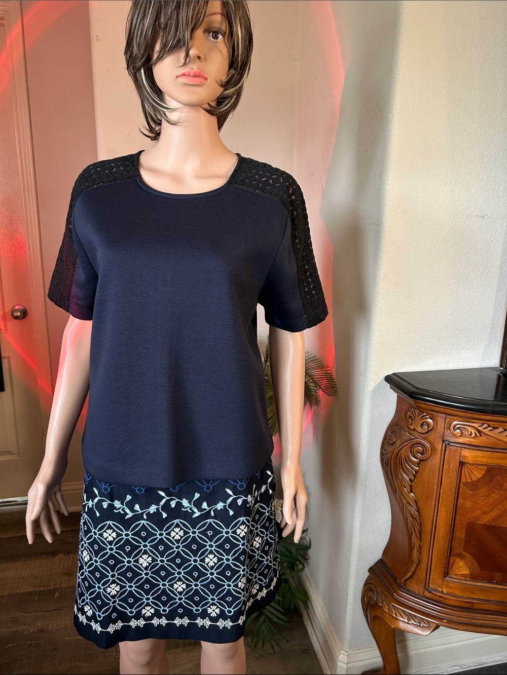 Ann Taylor Navy Short-Sleeve Knit Top with Lace Trim